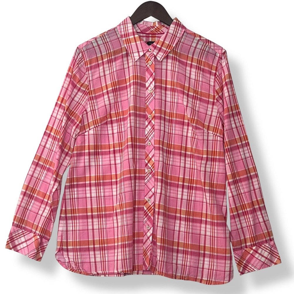 Talbots XL Blouse Pink Orange Plaid 100% Cotton Button Up Lightweight Preppy
